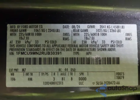 2024 Ford Escape St-Line z USA, uszkodzony, nr VIN 1FMCU9MN2RUB30391